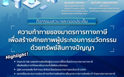 งานสัมมนา ในหัวข้อ “ความท้าทายมาตรการทางภาษีส่งเสริมการใช้ประโยชน์ทรัพย์สินทางปัญญาสำหรับผู้ประกอบการนวัตกรรมของไทย”